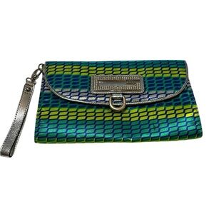 Guess Silver Green and Blue Geometric Wristlet Clutch